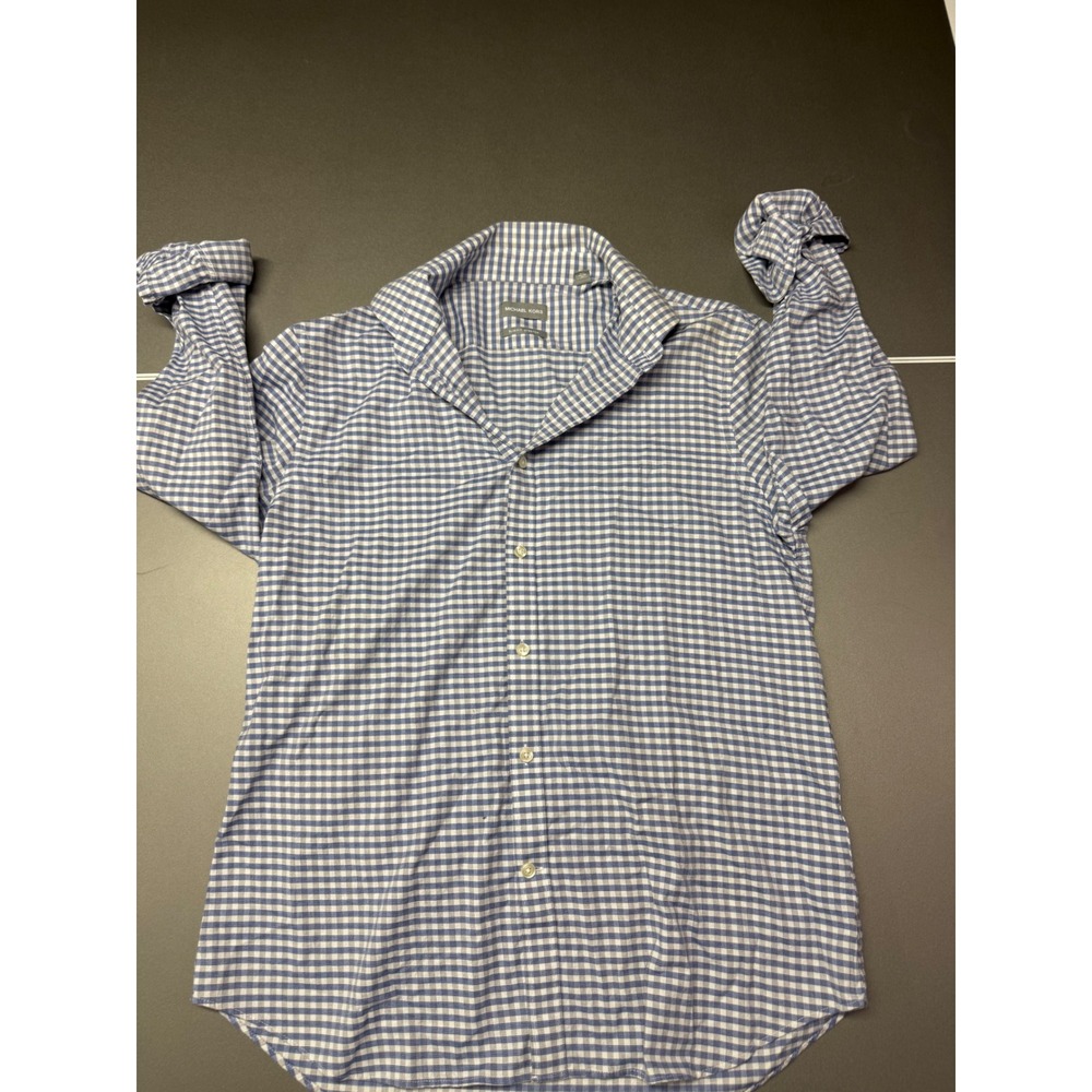 Michael Kors Mens Blue Gingham Slim Fit Stretch Dress Shirt L 16-16.5 32/33
